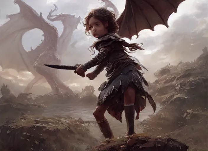 Image similar to a cute little girl with curly brown hair holding a sword faces off against a huge dragon, beautiful fantasy art by greg rutkowski.