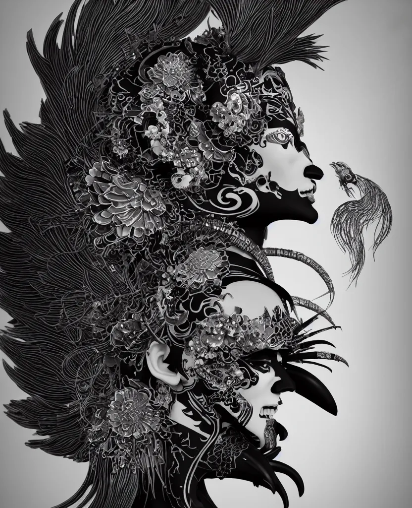 Image similar to 3 d goddess close - up profile portrait punk with mohawk with ram skull. beautiful intricately detailed japanese crow kitsune mask and clasical japanese kimono. betta fish, jellyfish phoenix, bio luminescent, plasma, ice, water, wind, creature, artwork by tooth wu and wlop and beeple and greg rutkowski