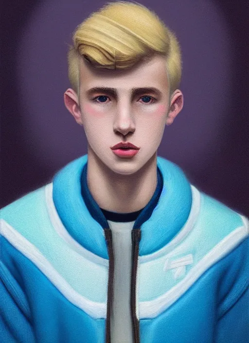 Image similar to portrait of a high school senior boy named moose mason, blonde short hair, jock, beefy, square jaw, square facial structure, 1 9 5 0 s, blue varsity jacket, intricate, elegant, glowing lights, highly detailed, digital painting, artstation, concept art, smooth, sharp focus, illustration, art by wlop, mars ravelo and greg rutkowski