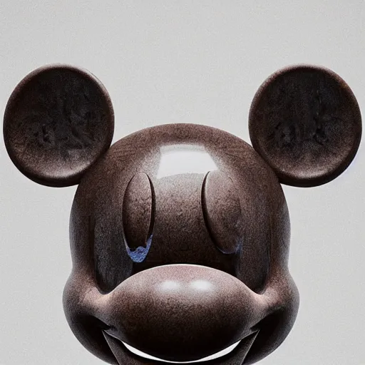 Prompt: mickey mouse head, fractal, broken, 1975, wet, mycelium, radiant alien, rococo, baroque, automotive, bio-mechanical, porcelain, iridescent, sub surface scattering, octane render