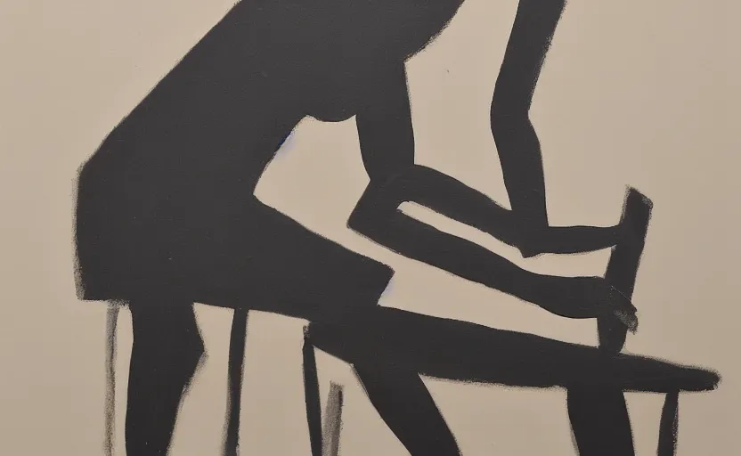 Prompt: minimal painting of seated figure hands on table. similar aesthetics to ivon hitchins and in the style of john craxton sailors. a table. studio lighting. charcoal. holding