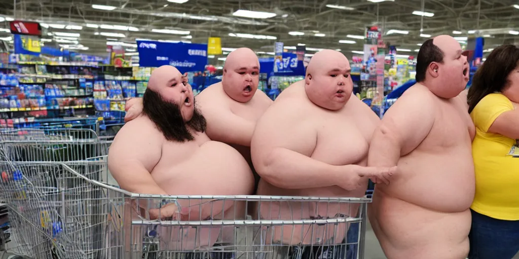 Prompt: three obese american coneheads fighting at wal - mart, detailed facial features