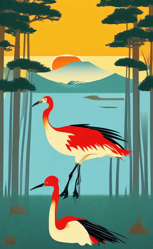 Prompt: hanafuda, portrait of huge japanese crane bird next to a lake in the middle of japanese pines, a big red sun in the background, front game card, vector line art, trending on behance, concept art, stunning, matte