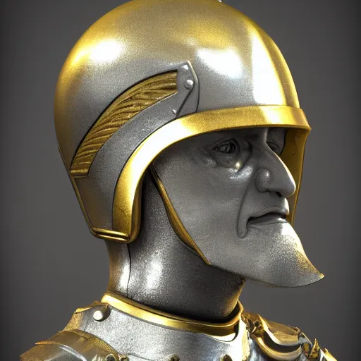 Prompt: bust portrait of a knight, high detail, silver, steel, helmet, ornate decoration, gold trim, octane, unreal 5