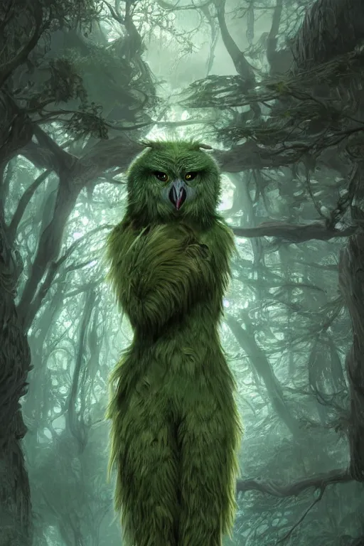 Image similar to a beautiful upper body shot from a fantasy film of a humanoid iridescent green owlbear wearing a loose tunic. an anthropomorphic owlbear. fantasy, frown, intricate, elegant, highly detailed, digital painting, artstation, concept art, matte, sharp focus, illustration, art by artgerm and greg rutkowski and alphonse mucha