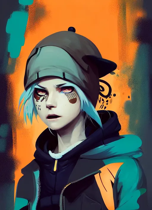 Image similar to highly detailed portrait of a sewer punk lady student, blue eyes, leather hoodie, hat, white hair by atey ghailan, by greg tocchini, by james gilleard, by kaethe butcher, by greg tocchini, gradient orange, black, brown and cyan color scheme, grunge aesthetic!!! ( ( graffiti tag wall background ) )