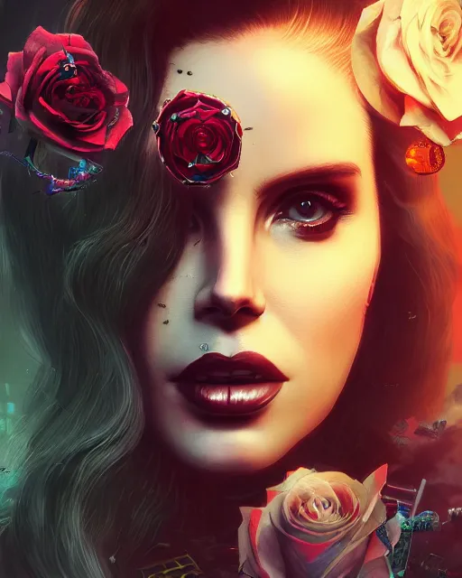 Image similar to portrait of lana del rey as a cyberpunk cyborg. roses sci - fi intricate abstract upper body intricate artwork, roses, rose petals, by tooth wu, wlop, beeple, dan mumford. concept art, octane render, deviantart, greg rutkowski, cinematic arthouse, key art, hyper realism, iridescent accents