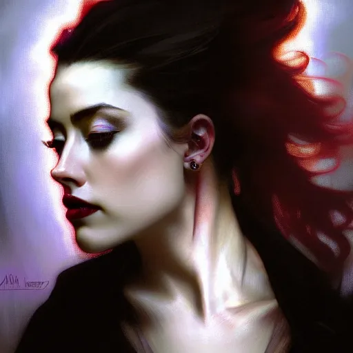 Prompt: hyperrealistic portrait of a woman as amber heard as a vampire witch tears makeup in a black coat turned back while closing a window over the shoulder shot portrait with falling petals in wind. by jeremy mann and alphonse mucha, fantasy art, photo realistic, dynamic lighting, artstation, poster, volumetric lighting, very detailed faces, 4 k, award winning
