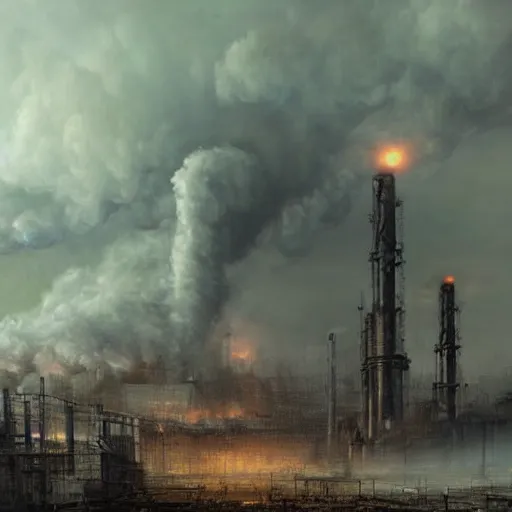 Image similar to a painting of a factory with smoke pouring out of it, a detailed matte painting by jonas de ro, cgsociety, nuclear art, dystopian art, apocalypse art, apocalypse landscape