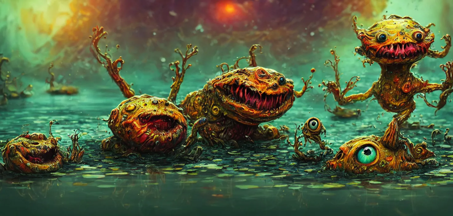 Prompt: intricate colourful murky pond with strange cute friendly big angry crazy creatures with huge eyes long tongue triangle teeth and scary face appearing from the water, in the style of craola, macro lens, shallow depth of field, highly detailed, digital painting, trending artstation, concept art, illustration, cinematic lighting, vibrant colors, photorealism, epic, octane render