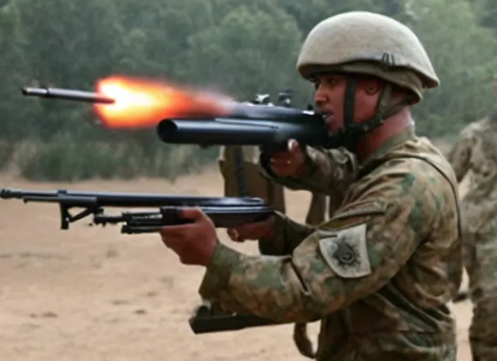 Prompt: a film still of kim kardashian as a soldier firing a rifle, open neckline, backround : warzone