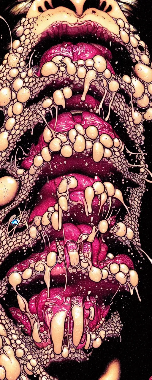 Image similar to closeup of face melting in agony with tongue, inside a frame on a tiled wall, frontal picture, by yoichi hatakenaka, masamune shirow, josan gonzales and dan mumford, ayami kojima, takato yamamoto, karol bak