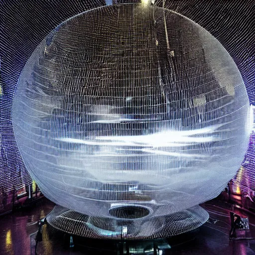 Prompt: large scale art installation. generative visuals about space projected on single big suspended sphere inside giant and dark printworks london venue. big mirror floor reflect sphere and piano. live music piano concert. stage design. fog, hazer and light in dark