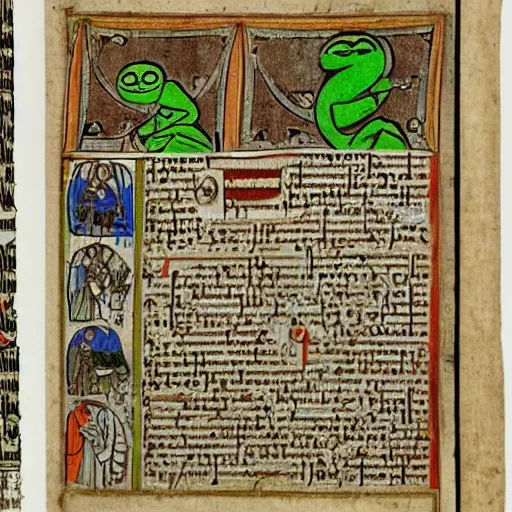 Image similar to page from a 1 4 th century monk's manuscript illustrating an epic battle between r 2 d 2 and!! pepe the frog!!