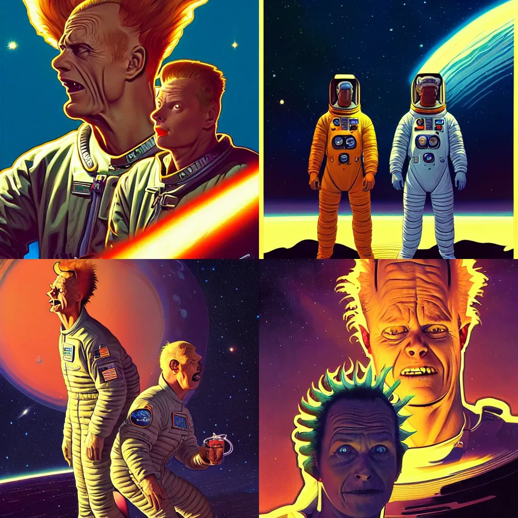 Prompt: Beavis and Butthead as astronauts, dramatic backlighting, stars, golden hour, kodachrome, color contrast, high contrast, highly detailed, sharp focus, digital painting, concept art, illustration, trending on artstation, art by greg rutkowski + greg hildebrandt + alphonse mucha