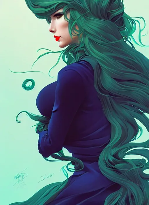 Prompt: style artgerm, joshua middleton, taylor swift with green dress, very long blue hair, swirling, symmetrical face, symmetrical eyes, lovecraftian western gunslinger, cinematic lighting