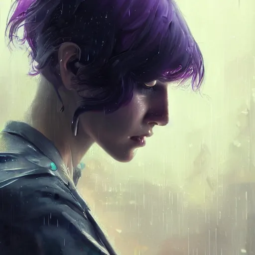 Image similar to very detailed masterpiece painting of a very beautiful wet caucasian young cyberpunk woman with dark purple hair, cyberpunk background, raining, closeup, portrait, artstation, concept art by greg rutkowski