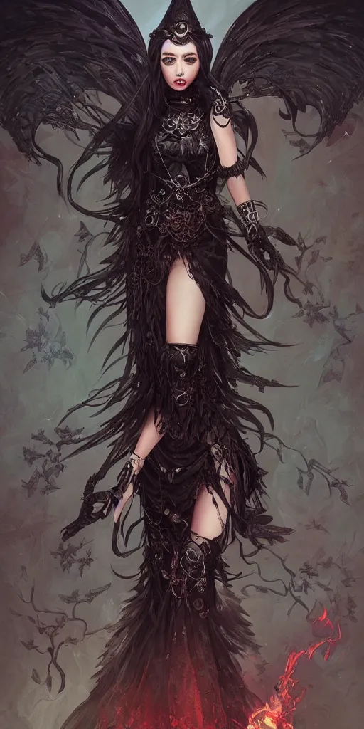 Prompt: fantasy full body shot, witch with 4 eyes, black hair, crow helmet, floral dress, intricate detail, photorealistic, elegant, stylish, highly detailed, digital painting, artstation, concept art, smooth, sharp focus, illustration, art by artgerm and greg rutkowski and terese nielsen, fire scheme