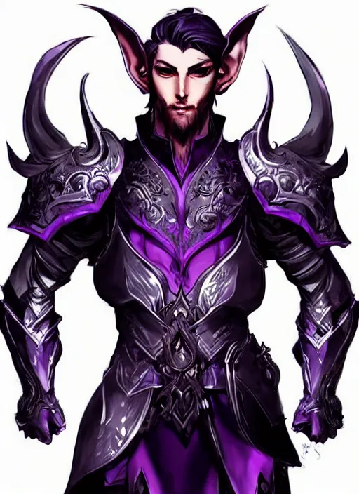 Prompt: Half body portrait of a handsome elven aristocrat with short hair wearing purple heavy armor. In style of Yoji Shinkawa and Hyung-tae Kim, trending on ArtStation, dark fantasy, great composition, concept art, highly detailed, dynamic pose.