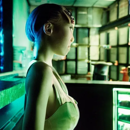 Prompt: a cyborg girl leaning against the counter in a night club staring at the camera, a photograph by Aki Kaurismäki and Christopher Doyle.