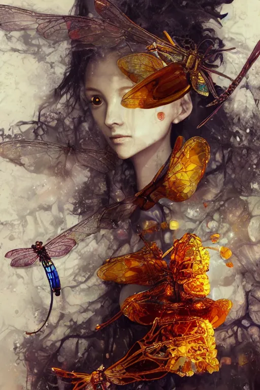 Image similar to surreal gouache painting, by yoshitaka amano, by ruan jia, by Conrad roset, by good smile company, detailed anime 3d render of big transparent amber stone with a magical electric dragonfly inside the amber. amber stone on the Dj mixer portrait, cgsociety, artstation, rococo mechanical and Digital and electronic, dieselpunk atmosphere