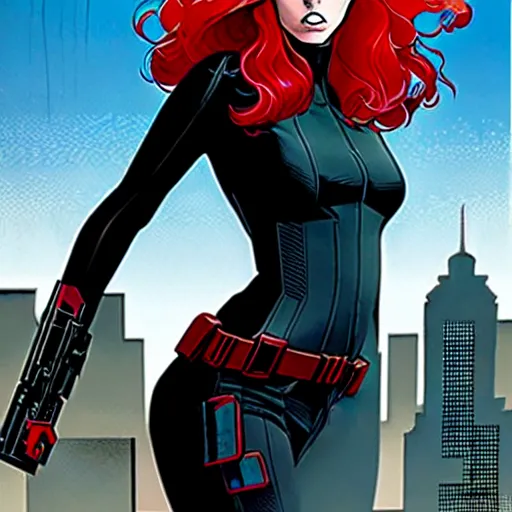 Image similar to phil noto comicbook cover art, black widow marvel, symmetrical eyes, long red hair, full body, city rooftop