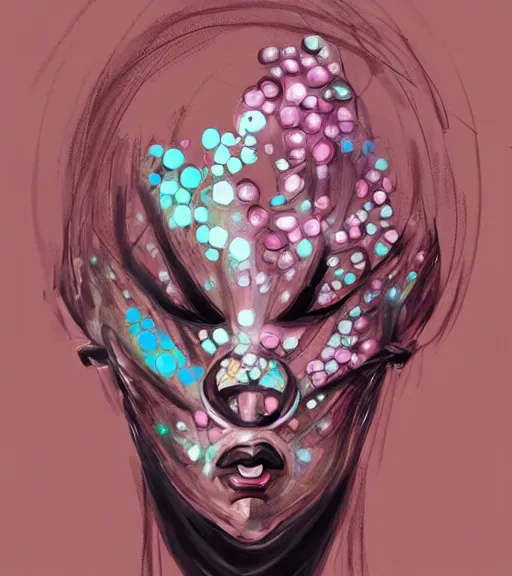 Prompt: abstract character portrait art, ant alien, trending in artstation, flowers at each border