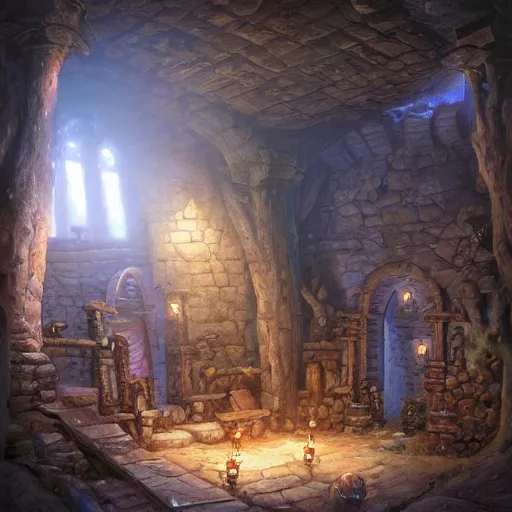 Prompt: a digital painting of a medieval fantasy dungeon room by justin gerard, paul bonner, highly detailed, pale blue backlight, digital art, artstation hd