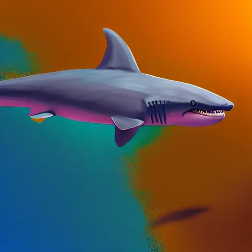 Prompt: a desert shark swimming through sand dunes, warm and cool colour palette, digital painting, artstation, art by lily abdullina,