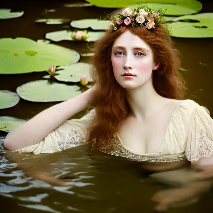 Image similar to Kodak Portra 400, 8K, soft light, volumetric lighting, highly detailed, britt marling style 3/4 ,portrait photo of a beautiful woman how pre-Raphaelites painter, the face emerges from the water of a pond with water lilies, inspired by Ophelia paint , a beautiful lace dress and hair are intricate with highly detailed realistic beautiful flowers , Realistic, Refined, Highly Detailed, natural outdoor soft pastel lighting colors scheme, outdoor fine art photography, Hyper realistic, photo realistic