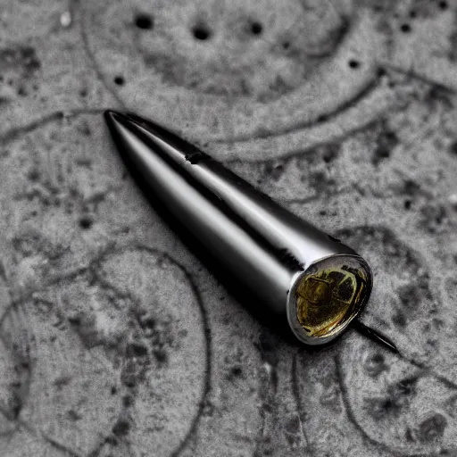 Prompt: a large bullet with a peace sign engraved on it, photography, 8 k, highly detailed