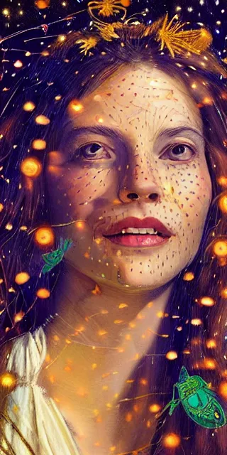 Image similar to a totally amazed smiling pretty woman surrounded by golden firefly lights in a mesmerizing scene, fully covering intricate detailed bohemian outfit, long loose red hair, precise linework, accurate green eyes, small nose with freckles, beautiful smooth oval head, expressive emotions, hyper realistic ultrafine portrait by artemisia gentileschi, jessica rossier, greg rutkowski, artgerm