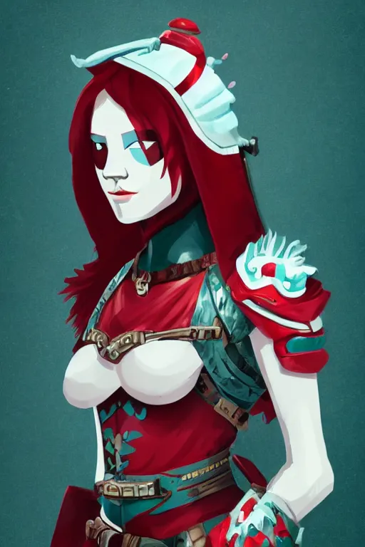 Image similar to female adventurer in tight full - body teal leather armor of japanese design with red accents and a white porcelain crow mask, trending in artstation, japanese, establishing shot