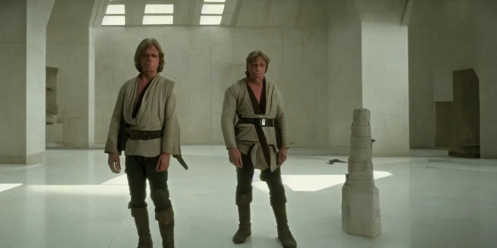 Image similar to screenshot of master Luke Skywalker played by Mark Hammil standing alone in the Jedi Temple, 1970s thriller by Stanely Kubrick film, color kodak, ektochrome, anamorphic lenses, detailed faces, hyper realistic, photoreal, detailed portrait, moody cinematography, strange lighting