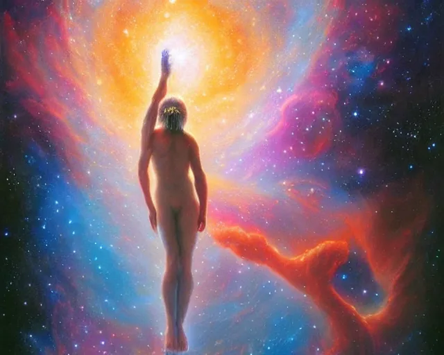 Image similar to cosmic person nebula, an oil painting, by ( leonardo da vinci ) and greg rutkowski and rafal olbinski ross tran airbrush time magazine