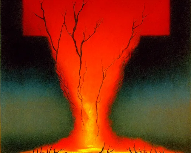 Prompt: fire painting by magritte and beksinski.