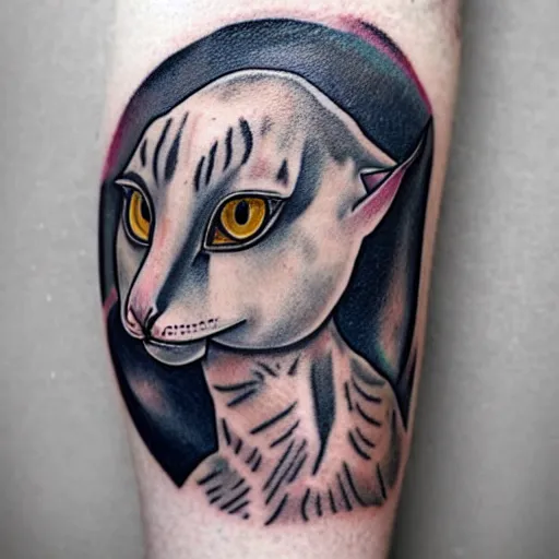 Image similar to a sphinx cat covered in cool tattoos