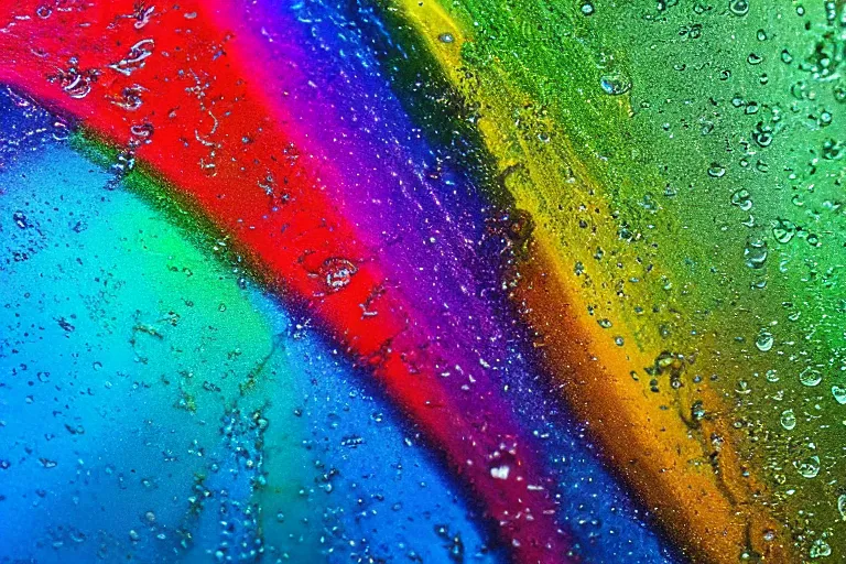 Prompt: Rainbow water dripping down a windshield