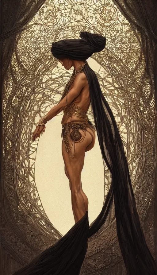 Prompt: dancer, arabian, black skin, veils, , sweaty, intricate fashion clothing, insane, intricate, highly detailed, digital painting, artstation, concept art, smooth, sharp focus, illustration, Unreal Engine 5, 8K, art by artgerm and greg rutkowski and alphonse mucha