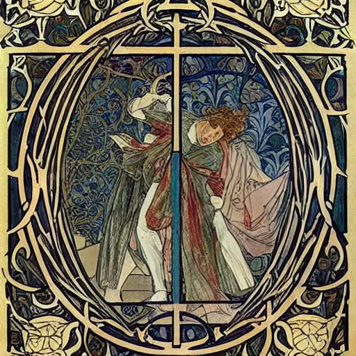 Image similar to dorian gray, master magician by william morris and mucha ( ornate intricate geometry )