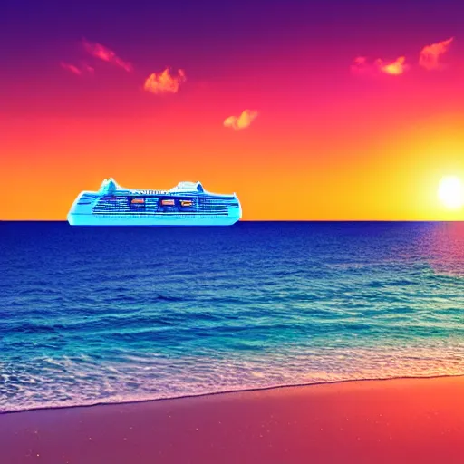 Prompt: a cruise ship chilling on the beach, sunset, vaporwave