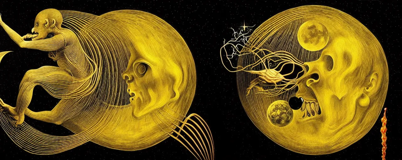 Image similar to a surreal creature with a mouth of gold radiates a unique canto'as above so below'to the moon, while being ignited by the spirit of haeckel and robert fludd, breakthrough is iminent, glory be to the magic within, in honor of saturn, painted by ronny khalil