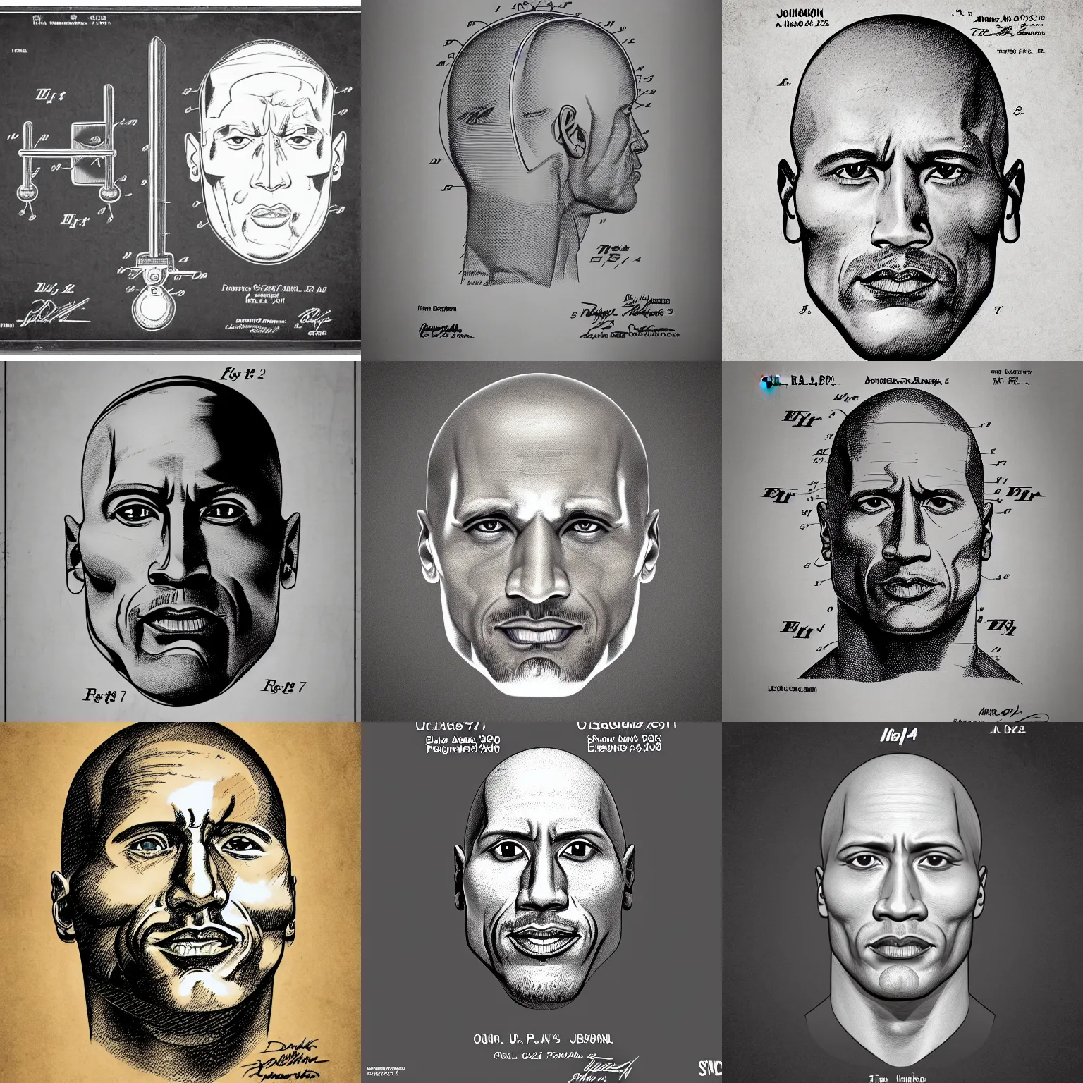 Prompt: us patent drawing of dwayne johnson's head with dimensions