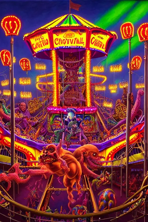 Image similar to a hyperrealistic detailed painting of an ornate evil carnival in town with rides, glowing lights, colorful, chimeric horror creatures riding a rollercoaster. cinematic lighting, depth perspective, depth of field, by chris cunningham and richard corben, highly detailed, vivid color,