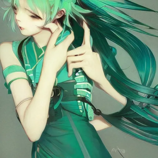 Image similar to hatsune miku short hair, anime style, hyper detailed, light green dress, illustration, digital painting, art by artgerm and greg rutkowski and alphonse mucha, high delicate defined details, anime stylized, highly detailed, realistic, sharp focus, styled by rhads