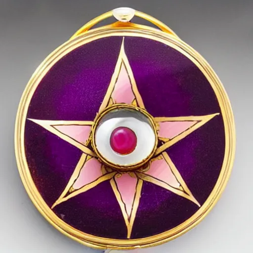 Prompt: a photo of the lid of a vintage circular powder compact with an 10k red gold inlaid pentagram that has a different colored gem stone at each point, transparent pink basse-taille enamel over guilloché engravings and a large, round cabochon in the middle encircled by a sterling silver crescent moon inlay. Tiffany & Co.
