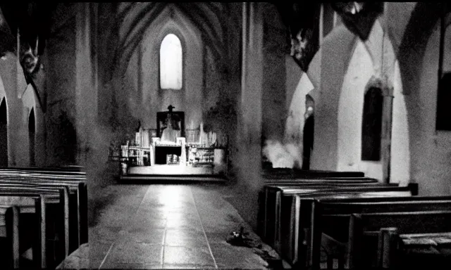 Image similar to a cultist ceremony, cultists with robes and masks, church interior, satanic church interior, the fog. horror lighting, found footage