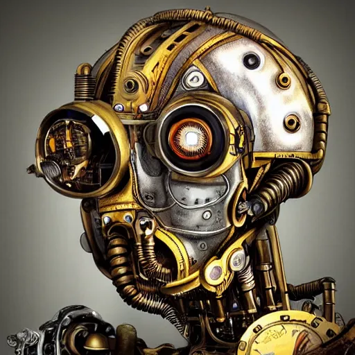 Image similar to the portrait of a human-like steampunk metal robot, photorealistic, highly detailed, intricate details, oct rendre, vivid colors, futuristic, sci-fi, dramatic lighting