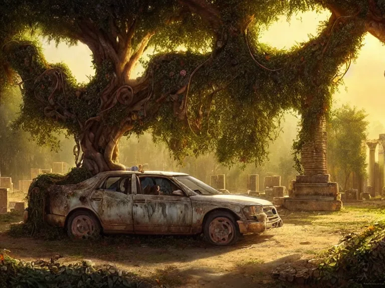 Image similar to a tree growing on a scrap car in ancient greek ruins, many overgrown scrap cars, overgrown pillars and arches, vines, flowers, hyperrealistic, highly detailed, cinematic, ray of golden sunlight, beautiful, cgsociety, artstation, 8 k, oil painting by greg rutkowski, by artgerm, by wlop