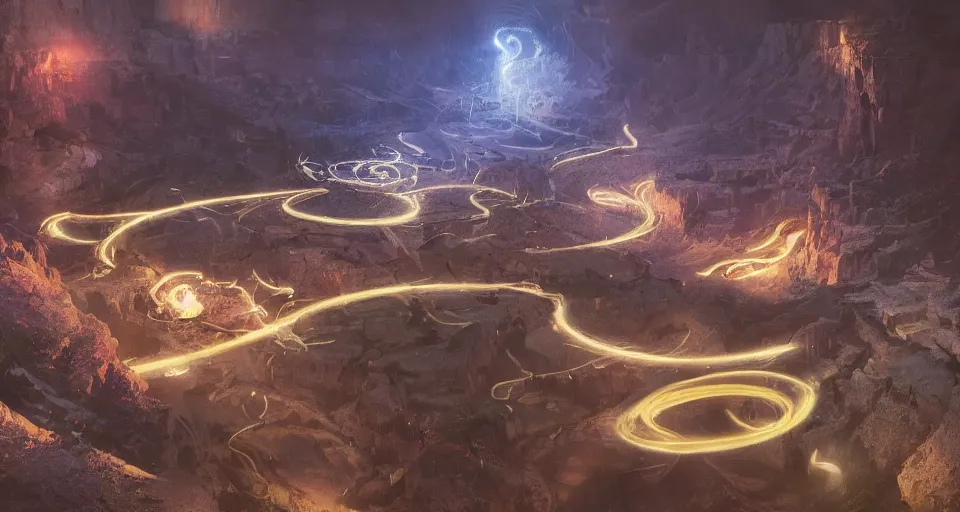 Image similar to night, a lot of people and a spiral - shaped white luminous attractor is floating in grand canyon, concept art, art for the game, professional lighting, art